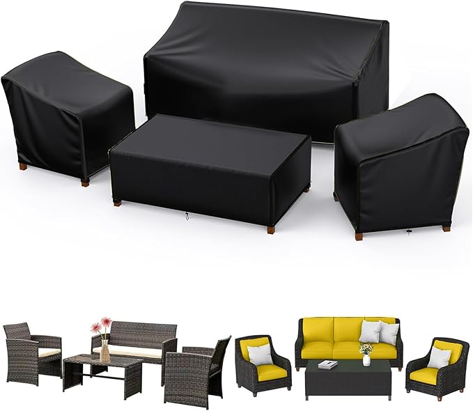 Patio Furniture Covers，Outdoor Furniture Cover Waterproof,4 Piece Patio Furniture Set Cover for Outside Couch, Lawn Chairs, Coffee Table, Windproof with Buckle Strap