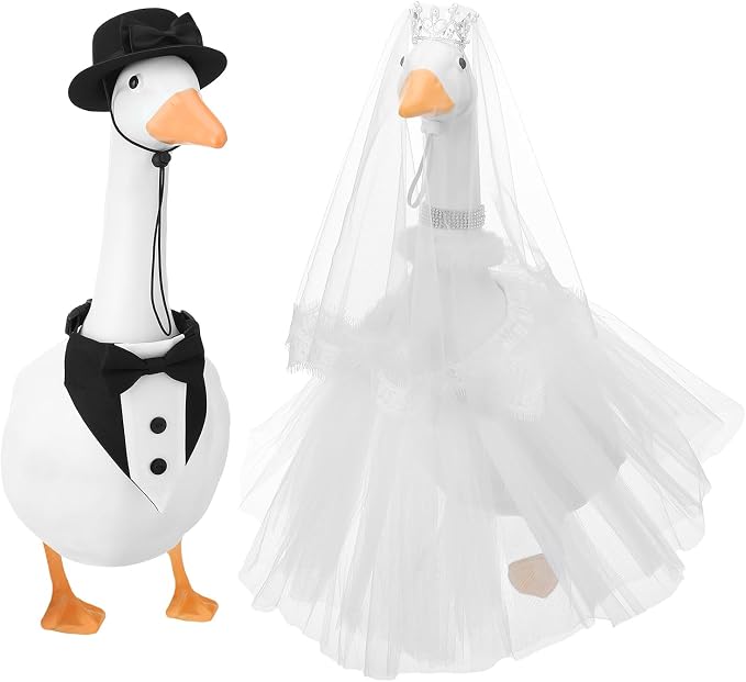 Wedding Porch Goose Outfit Set Bride Groom Costume | Includes Crown Veil Bow Tie Petticoat Collar Necklace Ideal for 23 Inch Outdoor Geese Couple Decor
