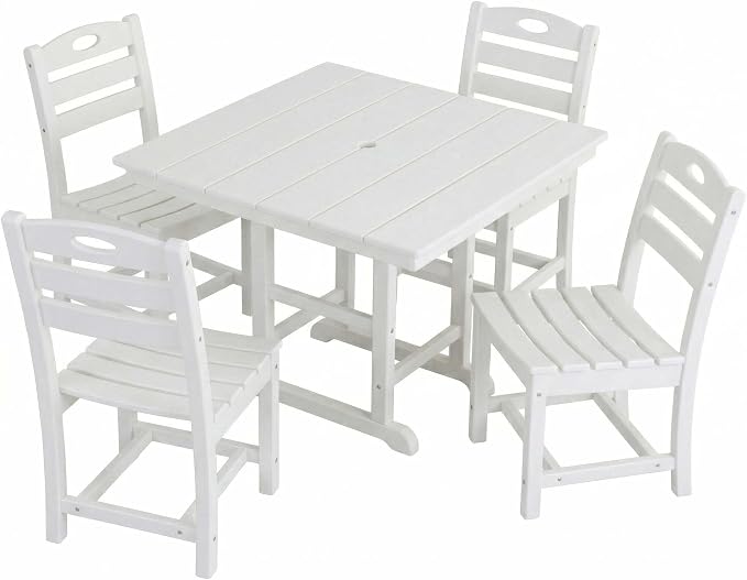 WILLIAMSPACE 37.8" Outdoor Patio Dining Set with 4 Armless Chairs, All Weather HDPE Square Dining Table with Umbrella Hole, Patio 5-Piece Bistro Set for Backyard, Balcony, Lawn, Kitchen (White)