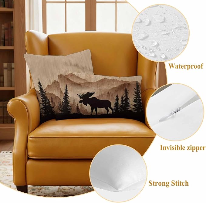 Moose Silhouette Outdoor Pillow Covers 18"x18" Set of 2, Nature Mountain Landscape Waterproof Throw Pillow Covers for Patio Furniture, Decorative Cushion Covers for Porch