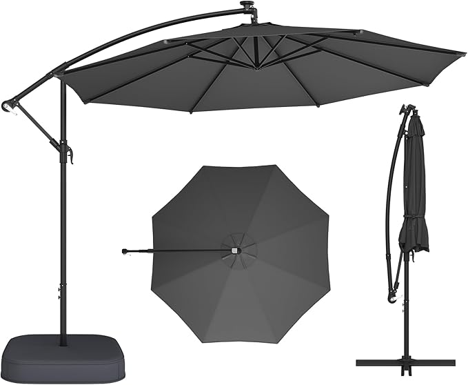 EROMMY 10FT Patio Umbrella with Base Included, Outdoor Offset Cantilever Umbrella, Infinite Tilt, Crank and Cross Base, UV Protection for Backyard, Lawn, Garden & Pool