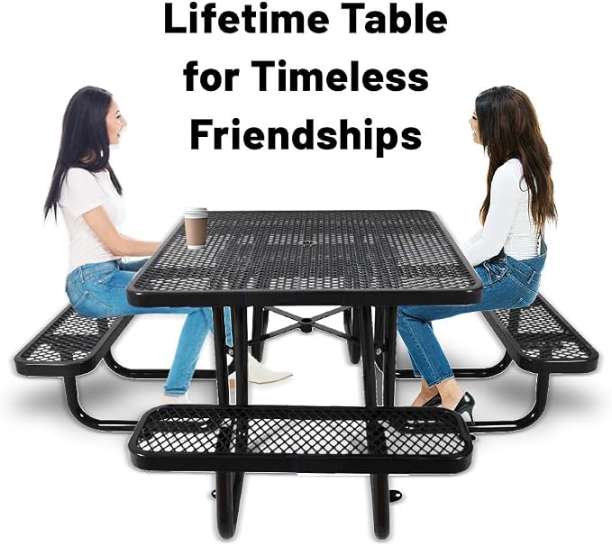 46" Thermoplastic Picnic Table with Umbrella Hole up to 1.5", Heavy Duty Commercial Picnic Table for Outdoor, Family & Party Ready for School Camping, Square, Black