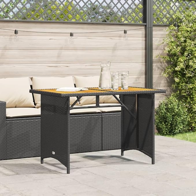 Patio Table with Acacia Wood Top, 43.3x26.8x27.6 Inch Outdoor Garden Table, PE Rattan and Powder-Coated Steel Frame