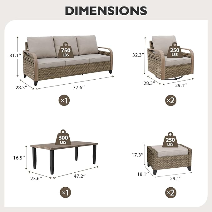 EAGLE PEAK Modern Wicker Outdoor Patio Furniture Set, Patio Conversation Set, 2 Swivel Rocking Chairs, 3-Seat Loveseat, 2 Ottomans and Coffee Table, 6 Pieces, Brown/Gray