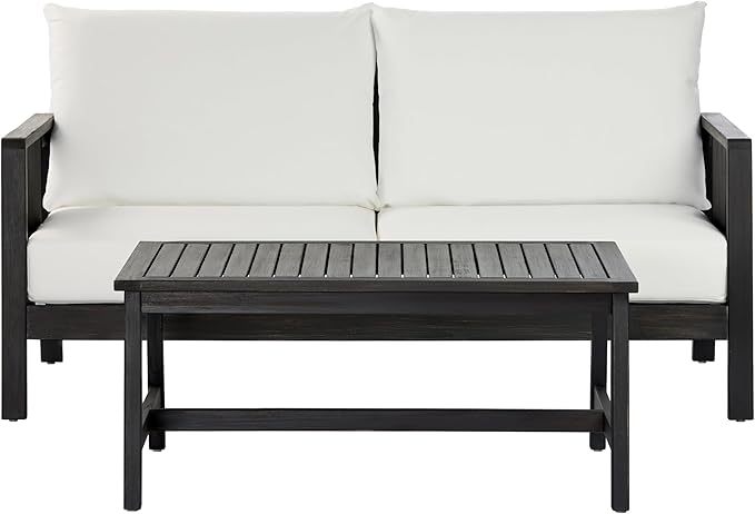 Christopher Knight Home Crew Acacia Wood Outdoor Loveseat and Coffee Table Set, 2 Piece Patio Furniture Set with Removable Cushion, Solid Wood Outdoor Conversation Set, Black+White