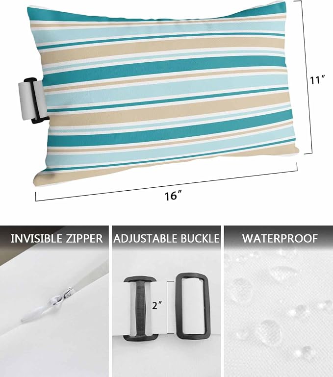 Pack of 4 Outdoor Lumbar Pillow Covers 11x16 Inch, Teal Khaki Striped Waterproof Throw Pillow Covers Set, Farmhouse Stripes Modern Abstract Art Outside Decorative Cushion Cases for Patio Porch Car