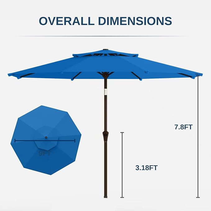 9ft 2-Tiers Patio Umbrella,Outdoor Market Table Umbrella with Push-Button Tilt & Crank | UV Protection,Suit for Backyard,Garden,Pool,Deck(Royal Blue)