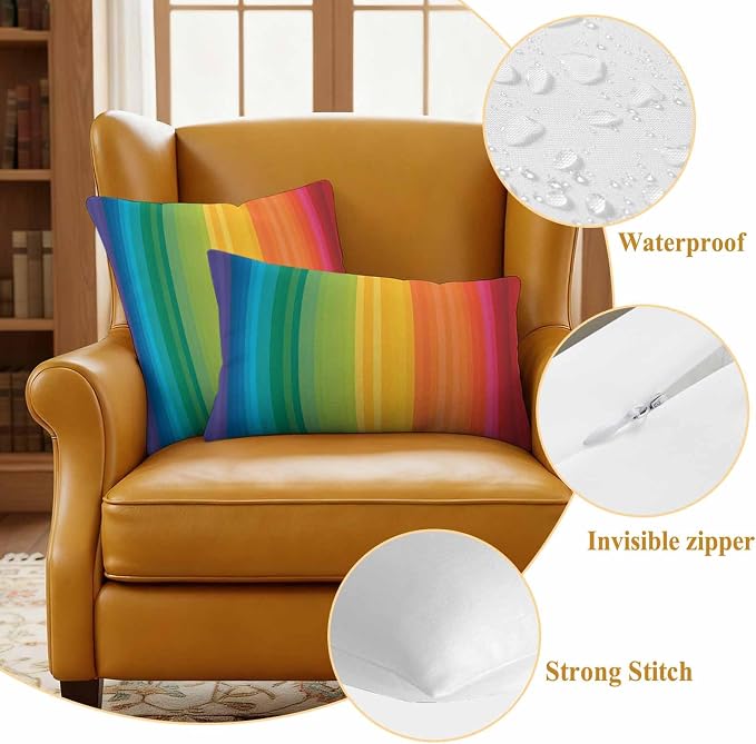 Colors Striped Outdoor Pillow Covers Set of 2 Rainbows Gradients Yellow Red Abstract Waterproof Throw Pillow Cover Decorative Cushion Cases for Patio Porch Garden 18X18 Inch