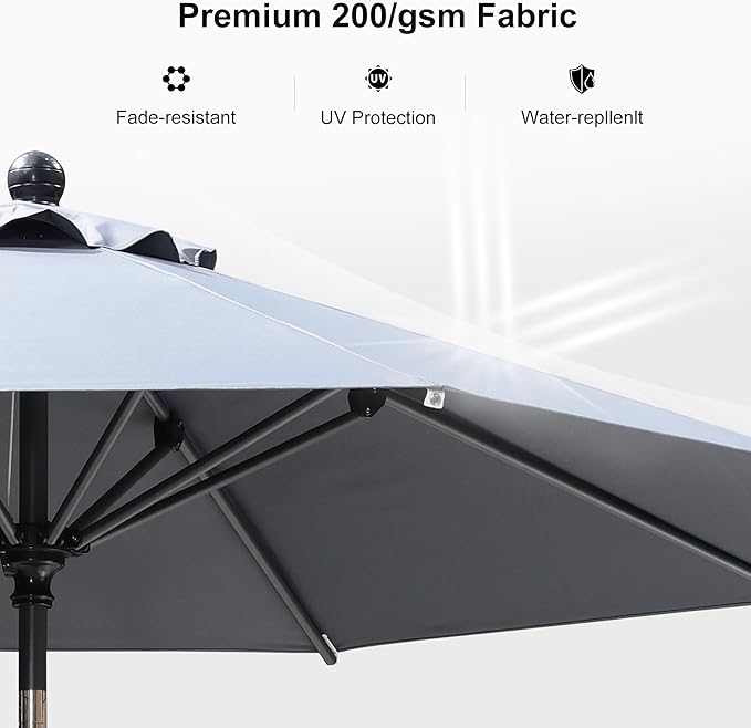 PURPLE LEAF 8' Round Patio Market Umbrella with Base Outdoor Table Umbrellas Aluminum Frame Sun Shade with 8 Sturdy Ribs Tilt for Garden Deck Lawn Pool Light Gray