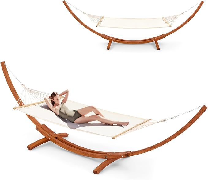 ECOTOUGE 12 FT Hammock with Stand, Single Person Heavy Duty Hammock Stand, Large Hammock Bed for Porch, Patio, Balcony, Garden, Backyard, White-Yellow