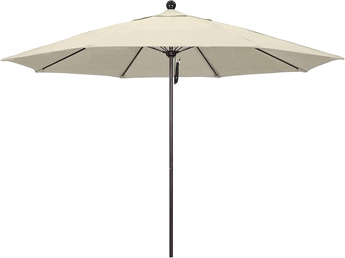 California Umbrella 11Ft Commercial Grade Sunbrella Fabric Market Umbrella, Pulley Lift, Aluminum/Fiberglass, 2mm pole wall, Bronze Frame, Beige Fabric