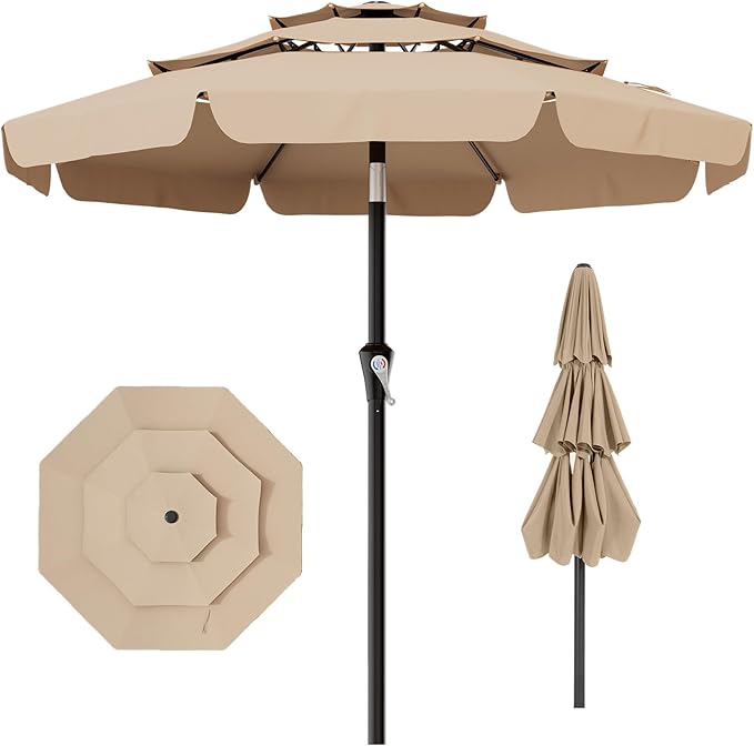 AreShark 9FT 3-Tiers Patio Umbrella with Valance, Outdoor Umbrellas with Crank/Tilt, Table Market Umbrella Vented w/ 8 Sturdy Ribs for Garden, Deck, Backyard, and Pool, Beige