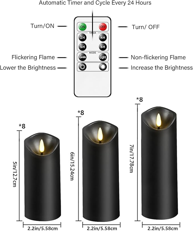 kakoya Flickering Flameless Candles, Battery Operated Plastic LED Pillar Candles with Remote Control and Timer, Set of 24 (Black)