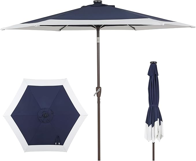 JONATHAN Y Spencer 9 ft. Solar Powered LED Patio Umbrella with Crank and Tilt, Hexagon Outdoor Market Sunshade for Garden, Deck and Pool, Navy/White, Dark Brown Pole UMB1100A
