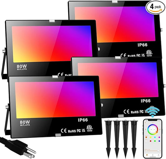 LED Flood Light Outdoor 800W Equivalent Bluetooth Smart Color Changing RGB Spot Light DIY-Scene+RGB+2700K Warm White APP & Group Control & Timing IP66 Waterproof 4Pack