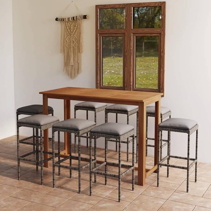 Patio Bar Set with Cushions,Patio Lounge Set,Conversation Sets,Outdoor Garden Table and Chairs Sets,Outdoor Patio Furniture,for Patio,Backyard,Garden,9 Piece Gray