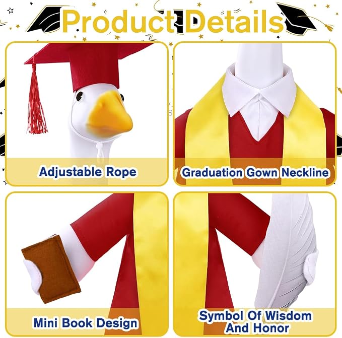 Graduation Porch Goose Outfit with Cap and Gown Stoles for 23" Porch Goose Holiday Outdoor Garden Patio Yard Lawn Art Decoration (Red)