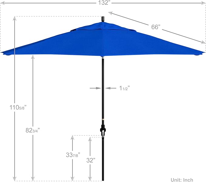 California Umbrella 11Ft Premium Sunbrella Patio Umbrella, Hand-Crank, Tilt-Collar, Black Frame, Pacific Blue Fabric
