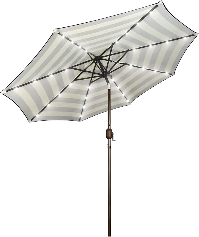 Blissun 9 ft Solar Umbrella, Patio Umbrella with 32 LED Lights, Table Market Umbrella, Outdoor Umbrella for Garden, Deck, Backyard, Black & Beige