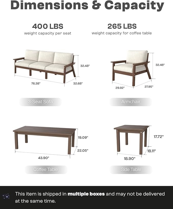 Patio Furniture Set 7 Seats, HDPE Outdoor Sectional with Beige Washable Thick Cushions, Coffee Table, Patio Conversation Sets for Lawn, Garden, Porch, Balcony, Deck (Brown Frame)