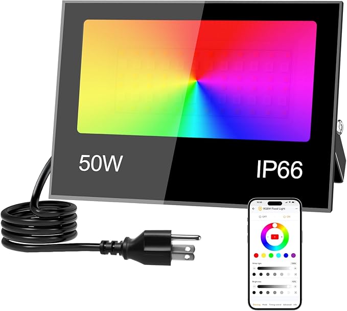 LED Flood Light Outdoor 50W, 500W Equivalent 5000LM Color Changing Stage Spotlight with APP Control, DIY Scenes - Timing - Warm White 2700K - Smart RGB Landscape Uplight, 43 Modes, IP66 Waterproof