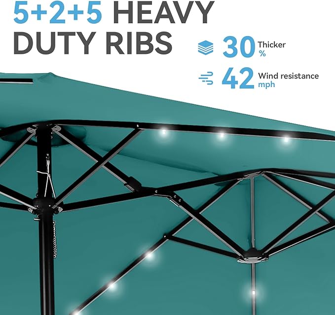 GREEN PARTY 15 ft Large Outdoor Patio Umbrella with Solar Led Lights & Base Included, Double-Sided Rectangular Table Umbrella with Stand, Market Umbrellas for Deck Poolside Garden Backyard, Turquoise