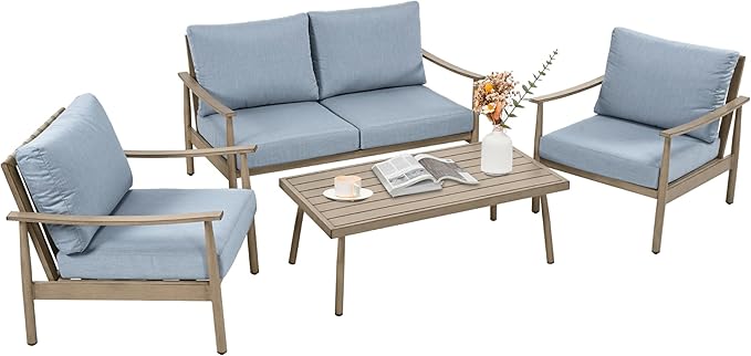 4 Pieces Patio Furniture Set, Aluminum Outdoor Patio Furniture Sets, 2 Armchairs and Loveseat with Thick Cushion, Patio Conversation Set for Backyard Deck Poolside, Blue & Brown