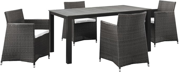 Modway Junction Wicker Rattan 5-Piece Outdoor Patio Dining Set with 63" Dining Table and Four Dining Armchairs with Cushions in Brown White