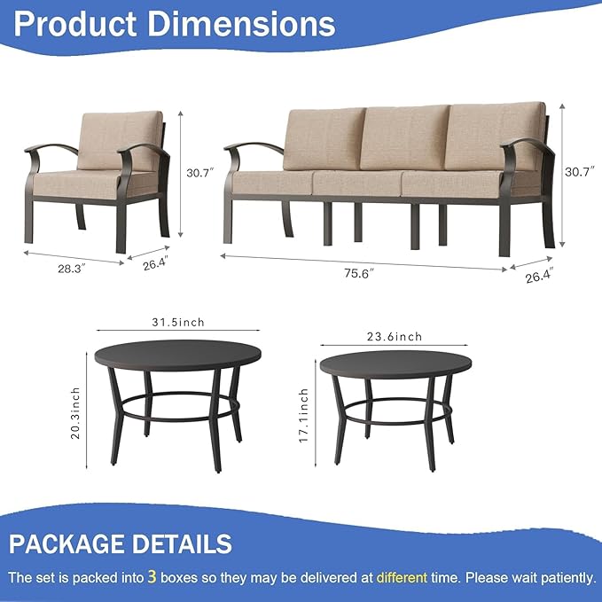 Kullavik Aluminum Patio Furniture Set with 2 Round Coffee Tables,5-seat Metal Outdoor Sectional Furniture w/5.1" Cushions,Patio Conversation Sets for Garden,Backyard,Porch-Sand