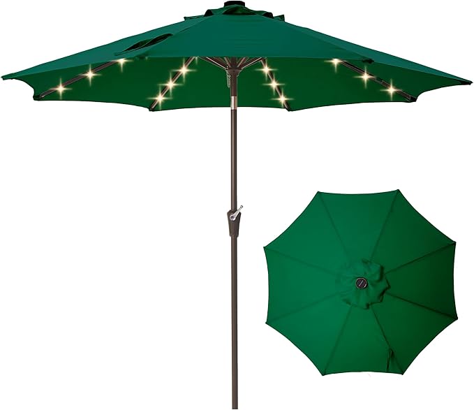 9FT Solar-Powered LED Patio Umbrella with Tilt Crank,Outdoor Market Umbrella with 32 Lights,Sunshade for Deck, Garden and Pool