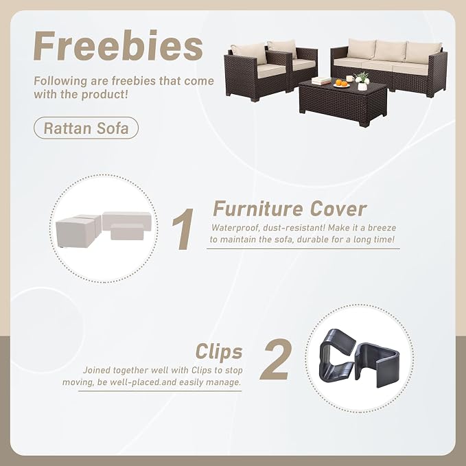 Rattan Star Patio Furniture Set 4 Pcs Outdoor Furniture Sets Patio Couch Outdoor Chairs Coffee Table with Storage Khaki No-Slip Cushions and Waterproof Covers