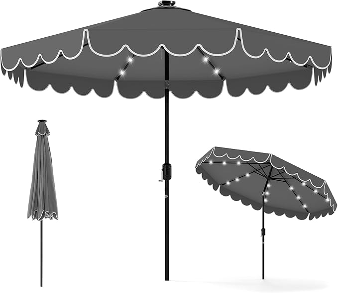 Tangkula 9 FT Solar Patio Umbrella, 2-Tiers Scalloped Outdoor Table Market Umbrella with 32 LED Lights, Vented Top, Tilt Adjustment, Crank, 8 Ribs for Backyard Poolside Deck Beach Lawn (Gray)