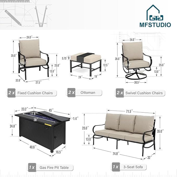 MFSTUDIO Patio Furniture Sets with 45" Gas Fire Pit Table, 8 Pieces Outdoor Metal Conversation Sets with 1 x 3-Seat Sofa, 2 Single Chairs, 2 Swivel Chairs and 2 Ottomans, Beige Cushion