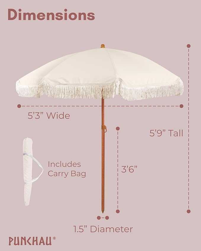 6 Ft Fringe Patio Umbrella - Outdoor Umbrella for Patio, Pool, Table, Garden, Deck, Beach, and Outdoors - Fashionable Boho Vintage Tassels & Wood Print - Push Button Tilt Pole