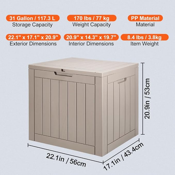 free-space 31 Gallon Resin Outdoor Storage Deck Box, Waterproof Weatherproof Patio Storage Organizer for Cushions, Garden Tools & Outdoor Accessories