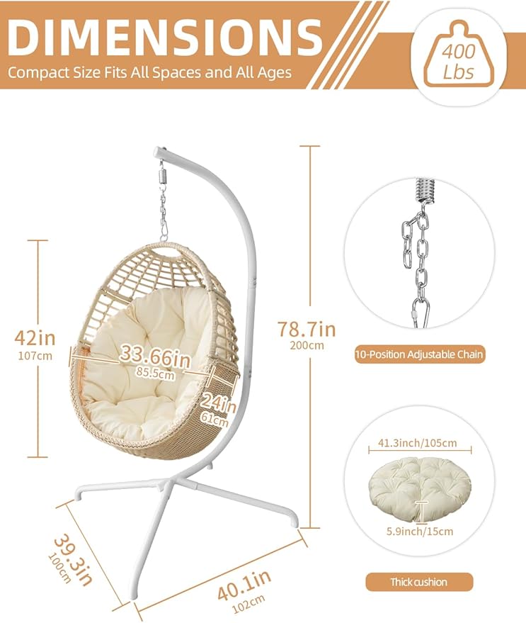 Hanging Egg Chair Swing Chair with Stand Wicker Rattan Chair for Indoor Outdoor Patio Bedroom Hammock Chair with Steel Frame and Cushion (Color: Beige)