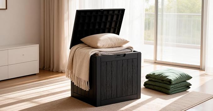 Vixzen 35 Gallon Black Rattan Deck Storage Box Waterproof Patio Bin