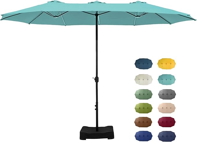 GREEN PARTY 15 ft Rectangular Patio Umbrella with Base Included, Large Double-Sided Outdoor Table Umbrella with Crank, 1.9" Pole UPF 50+ UV Resistant for Pool Deck Backyard Garden, Turquoise