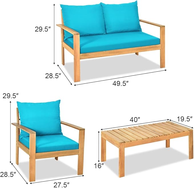 HAPPYGRILL 4 Pieces Wood Patio Conversation Set, Outdoor Furniture Set Wood Sofa Table Set with Cushions, Acacia Wood Chairs & Coffee Table Set for Garden Backyard Poolside