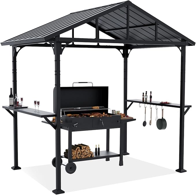 ALAULM 8'x 5' Hardtop Grill Gazebo, Outdoor BBQ Gazebo Metal Roof Canopy with 2 Metal Side Shelves & 5 Tool Hooks for Patio, Garden, Backyard, Poolside (Dark)