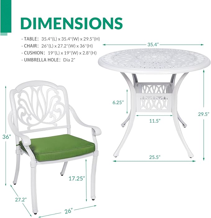VIVIJASON 5-Piece Patio Furniture Dining Set, All-Weather White Cast Aluminum Outdoor Conversation Set, Include 4 Cushioned Chairs and a 35.4" Round Table w/Umbrella Hole for Balcony Lawn Garden