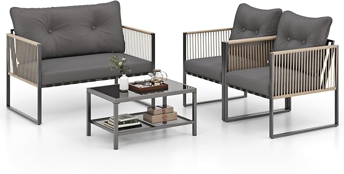 Tangkula 4 Pieces Patio Furniture Set, Outdoor PE Rattan Conversation Sofa Set with Thick Cushions and 2-Tier Tempered Glass Coffee Table for Garden, Porch, Balcony and Backyard (Grey,1)