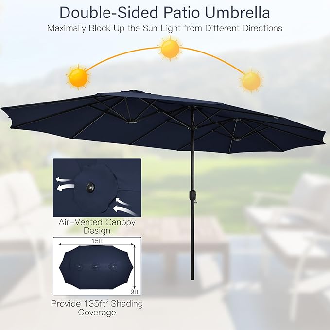 Tangkula 15FT Double-Sided Patio Umbrella with Base, Extra-Large Market Umbrella W/Crank System, Outdoor Twin Umbrella W/ 12-Rib Metal Structure & Air Vents for Garden, Backyard, Poolside (Navy)
