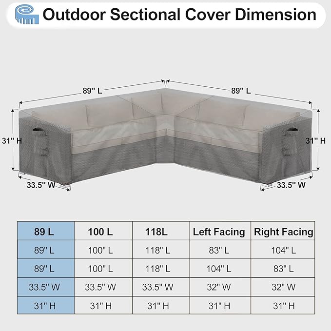 OutdoorLines Waterproof Outdoor Patio Sectional Cover - UV Resistant & Windproof V-Shaped Patio Furniture Covers for Deck, Lawn and Backyard, 420D Heavy Duty Couch Cover 89" L (on Each Side) Grey