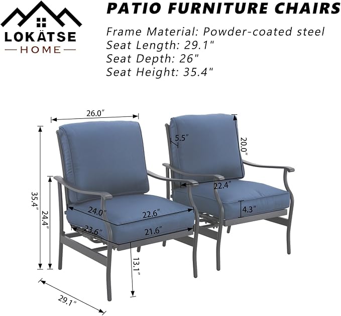 LOKATSE HOME C-Spring Patio Chairs Set of 2, Outdoor Metal Motion Conversation Chairs with Gentle Bounce, 5.1" Extra Thick Blue Cushions Deep Seating Furniture for Deck & Porch