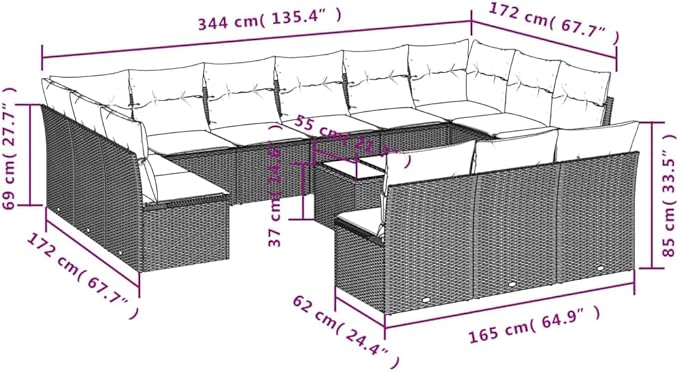 vidaXL Patio Sofa Set with Cushions 14 Piece, Sectional Sofa with Glass Table, Outdoor Conversation Set, Modern Style, Gray Poly Rattan