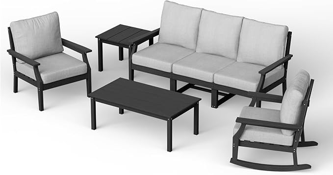 HDPE Patio Conversation Set, 7-Piece All Weather Outdoor Furniture Set with 1 Single Rocking Armchairs for Deck, Lawn, with Cushion, Black
