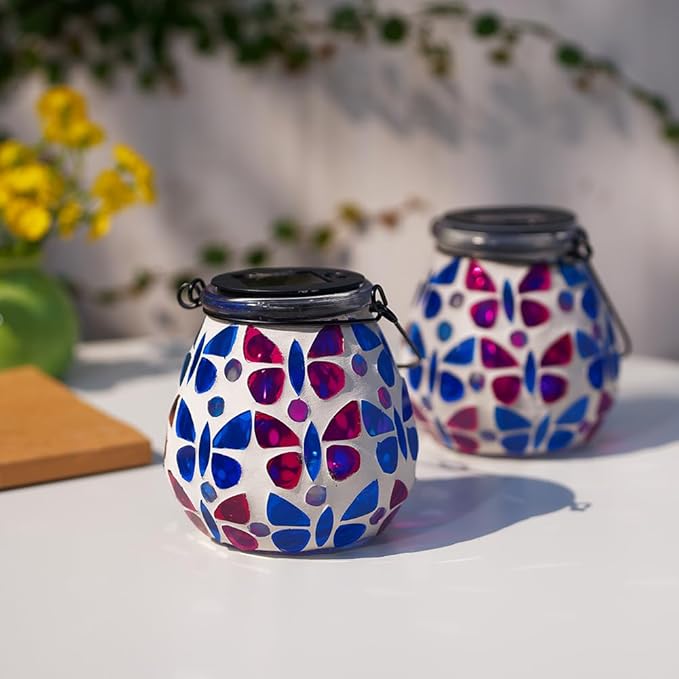 Stargarden 4 Pack Mosaic Solar Lanterns, Glass Hanging Lantern Waterproof Outdoor Hanging Solar Lights Butterfly Decorative Lantern for Garden ,Patio,Yard Decor