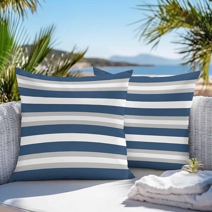 Throw Pillow Covers 18x18 Inch Set of 2, Navy Blue Grey Stripe Waterproof Outdoor Pillow Covers, Minimalist Farmhouse Striped Decorative Cushion Pillowcases for Couch, Sofa, Bed, Garden, Patio