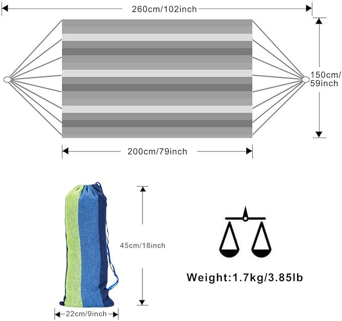 Brazilian Double Hammock 2 Person Canvas Cotton Hammock with Carrying Bag for Patio Porch Garden Backyard Lounging Outdoor/ Indoor Green Stripe Hammock